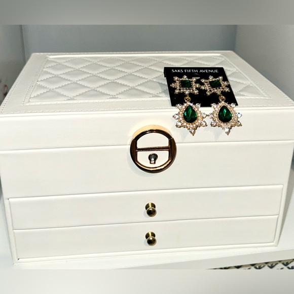 Jewelry Box with New Saks Fifth Avenue Emerald Green Earrings